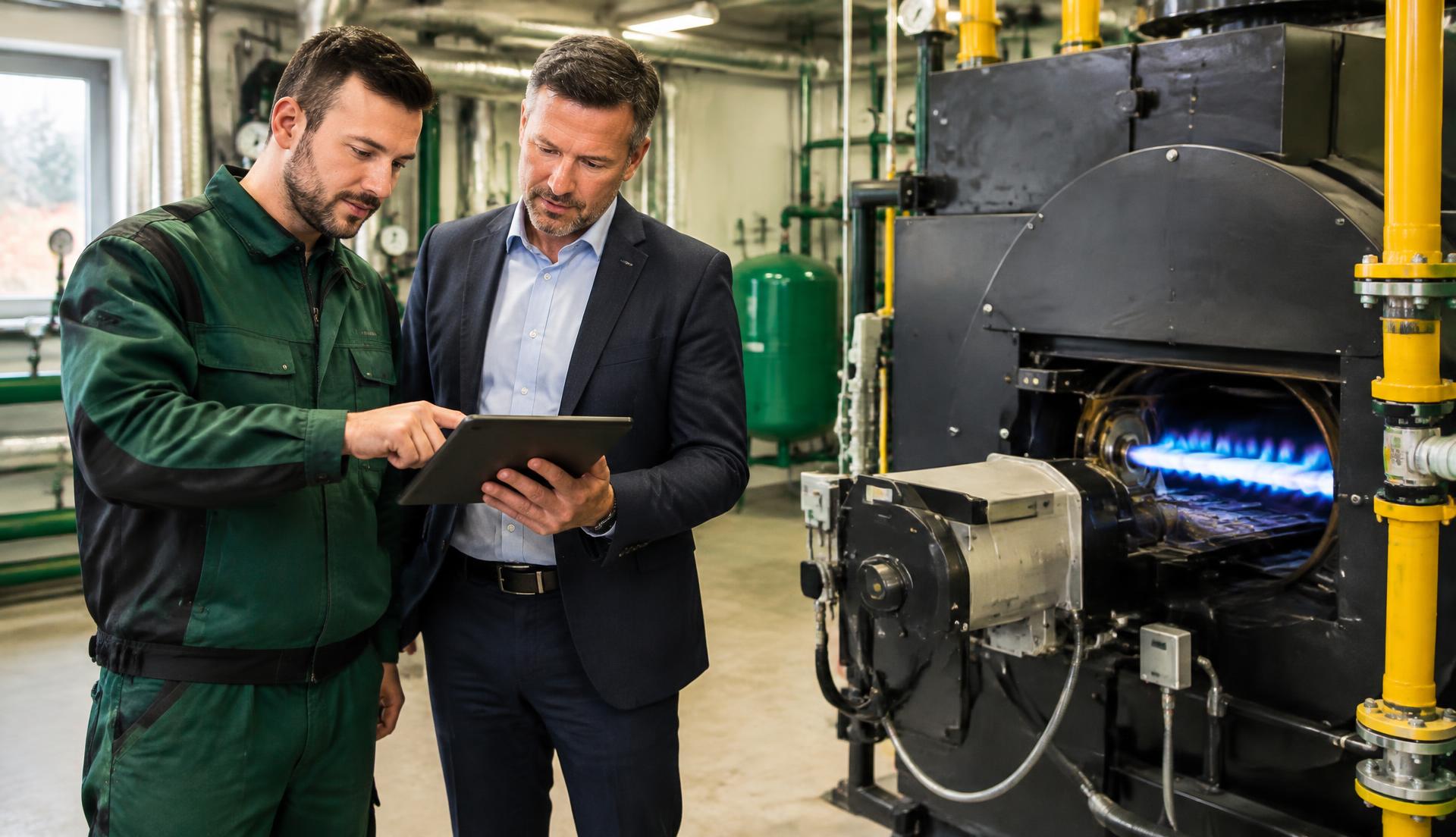 Techniker und Unternehmer prüfen den Gasvertrag am Tablet neben einem Gaskessel mit blauer Flamme