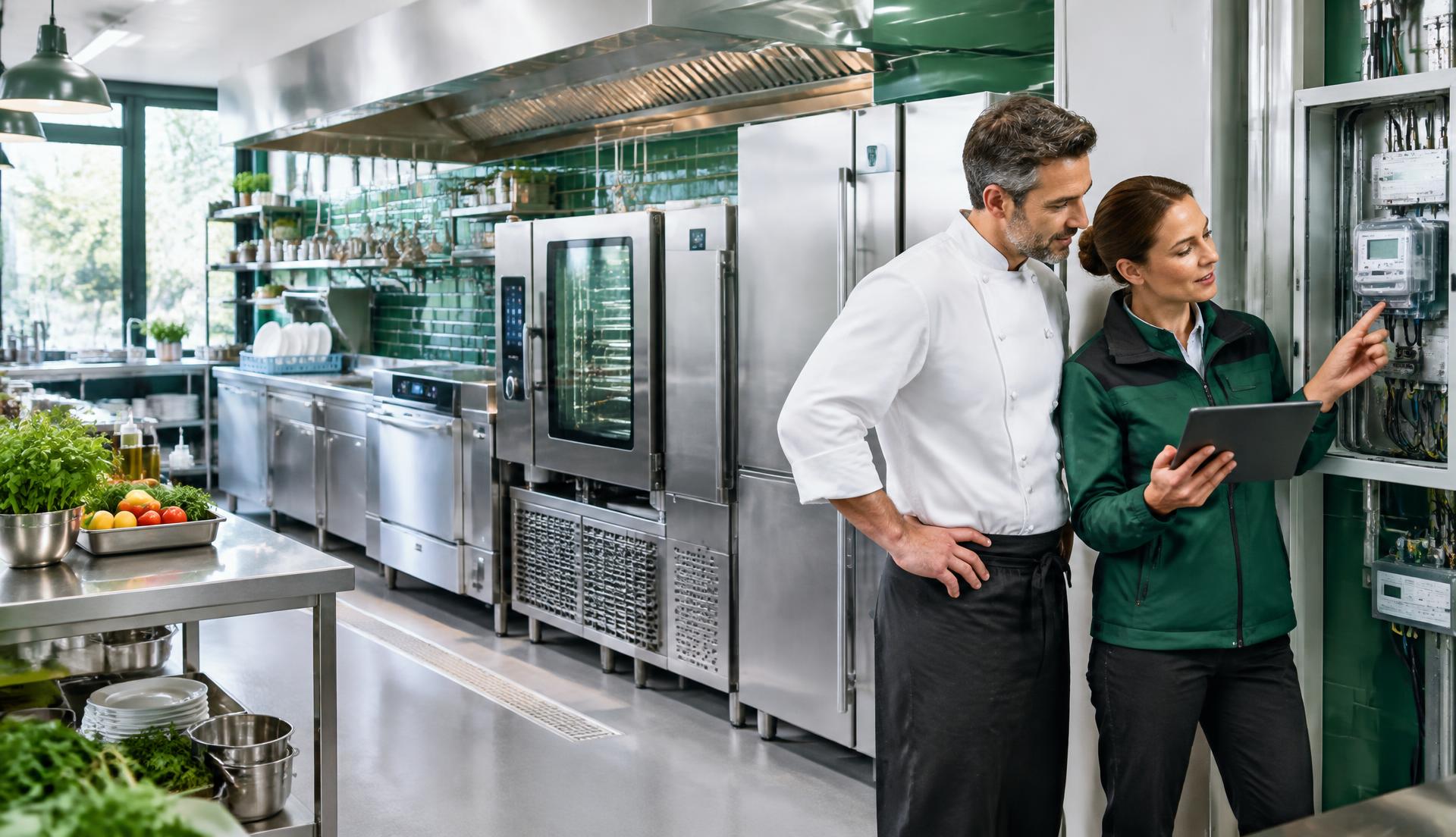 Gastronom und Energieberaterin prüfen den Stromzähler einer modernen Restaurantküche