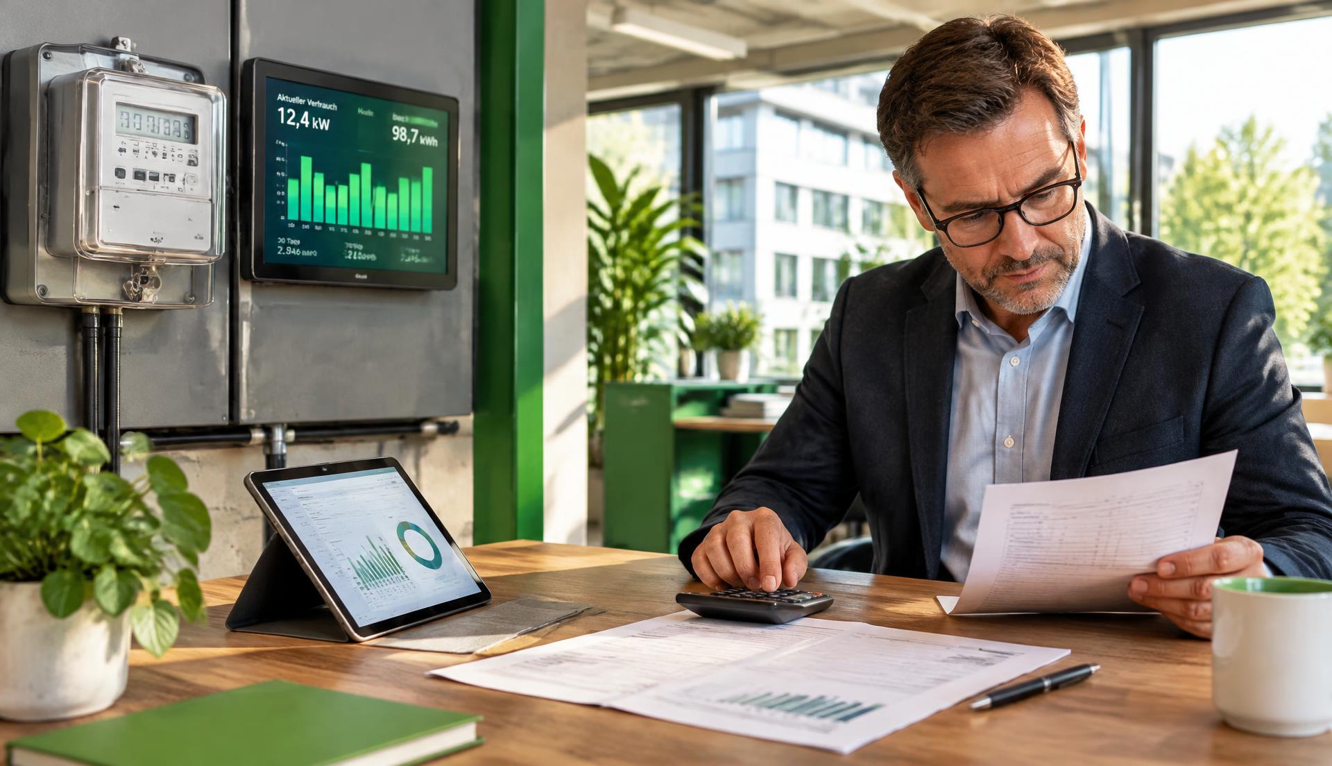 Unternehmer prüft die Gewerbestrom Kosten 2026 anhand einer Stromrechnung neben einem Stromzähler